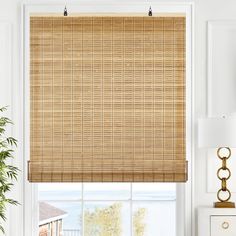 a living room with a window covered in bamboo blinds and a plant next to the window