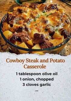 an advertisement for cowboy steak and potato casserole on a counter with other dishes in the background