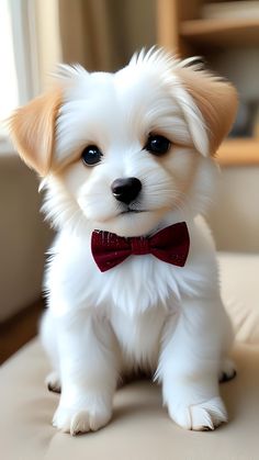 a small white dog with a red bow tie