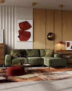 a living room filled with lots of furniture next to a painting on the wall above a coffee table