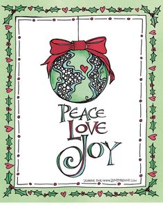 a christmas card with the words peace love joy and an ornament on it