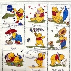 winnie the pooh cross stitch pattern is shown in various positions and sizes, including an umbrella