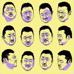 an image of various facial expressions on a man's face in purple and yellow