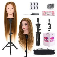 a wig and hairdryer on a tripod next to a mannequin