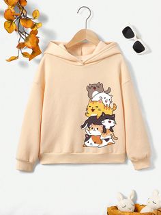 Teen Girl Cartoon Graphic Drop Shoulder Hoodie | SHEIN USA Cartoon Kitty, Kawaii Hoodies, Girls Sweatshirts, Fall Sports, Drop Shoulder Hoodie, Spring Hoodie, Clothing Photography