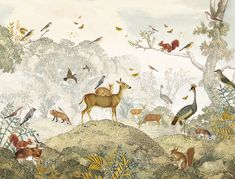 an image of birds and deer in the wild with trees, grass and plants around them