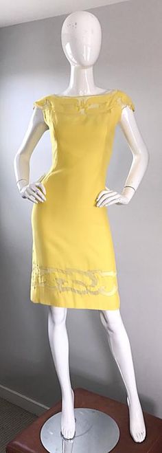 Amazing 1950s Canary Yellow Silk Vintage Cut - Out 50s Bombshell Wiggle Dress For Sale at 1stdibs 50s Bombshell, Ascot Dress, Ascot Dresses, New Look Patterns, Fashion Reference, Yellow Silk, Dress For Spring, Canary Yellow, Wiggle Dress