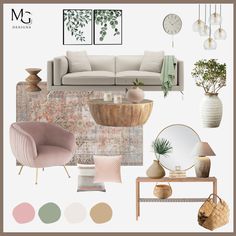 a living room filled with furniture and decor in shades of pink, green, beige and white