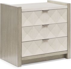 a white dresser with three drawers and an open drawer on the bottom, in front of a white background