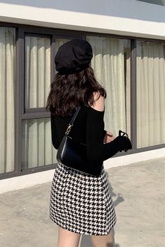 Black and White Houndstooth Wool Skirt | Hyuna XL Trendy Black Office Skirt, Black Houndstooth Mini Skirt, Black Houndstooth Mini Skirt For Winter, Black Mini Skirt With Houndstooth Pattern, Casual Black Houndstooth Mini Skirt, Winter Black Houndstooth Mini Skirt, Trendy Black Workwear Skirt, Trendy Black Skirt For Work, Trendy Black Skirt For Workwear