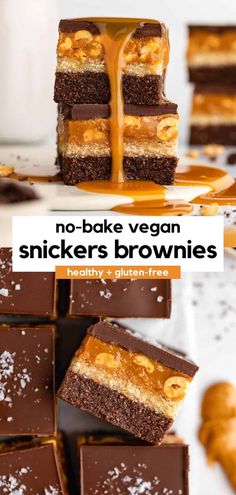 no - bake vegan snickkers brownies stacked on top of each other