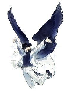 an anime character flying through the air with wings spread out and two other people behind him