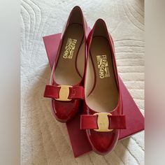 Brand New With Box Red Flat Heels With Leather Sole, Designer Red Calf Leather Heels, Designer Flat Heels With Red Sole, Designer Heels With Red Sole And Flat Heel, Red Round Toe Heels For Galas, Luxury Red Flat Heels, Grey Flats Shoes, Suede Loafers Women, Brown Suede Loafers