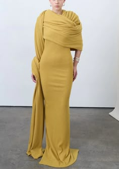 Wool wrap maxi dress. DETAILS:- Mono-strap- Attached shoulder scarf wrap CARE INSTRUCTIONS: Dry clean recommended. Air dry. Do not machine dry. Shoulder Scarf, Glamour Style, Wrap Maxi Dress, Wool Wrap, Wardrobe Outfits, Gala Dresses, Gray Yellow, Maxi Wrap Dress, Elegant Outfit