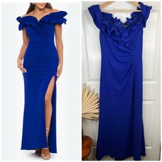 Elevate Your Formal Wardrobe With This Stunning Off-The-Shoulder Gown From Xscape. Crafted In A Rich Blue Scuba Crepe, This Long Gown Is Designed To Make A Statement. The Elegant Ruffle Accents And Ruched Detailing Add A Touch Of Sophistication, While The Off-The-Shoulder Style Exudes Timeless Glamour. Perfect For Any Formal Occasion, This Gown Ensures You’ll Turn Heads With Every Step. The Convenient Zip Closure Offers A Seamless Fit, Making It As Comfortable As It Is Beautiful. Available In Size 14, This New Gown Is Ready To Dazzle. Nwot Brand: Xscape Size: 14 Style: Off-The-Shoulder Gown Dress Length: Long Color: Blue Department: Women Occasion: Formal Material: Scuba Crepe Closure: Z Scuba Gown, Gown Blue, Timeless Glamour, Xscape Dresses, Colorful Dresses Formal, Gown Dress, Long Gown, Formal Dress, Formal Occasion