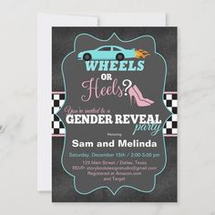 a pink high heel shoe and checkered background is featured in this gender reveal party card