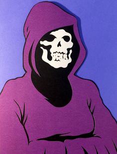 a paper cut out of a skeleton wearing a purple hoodie