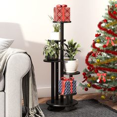 a living room with a christmas tree and presents