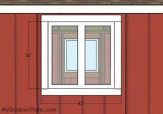 an image of a window on the side of a red building with measurements for it