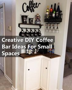 Looking for creative DIY coffee bar ideas for small spaces? Check out these innovative and space-saving solutions to create your own cozy coffee corner at home. Whether you have a tiny kitchen or a compact apartment, these clever ideas will help you design the perfect coffee bar without taking up too much space. Get inspired and start brewing your favorite coffee drinks in style! Diy Coffee Nook Small Spaces, Coffee Nook Corner, Corner Cabinet Coffee Bar Ideas, Guest Room Coffee Station Mini Fridge, Narrow Coffee Bar Ideas, Diy Coffee Corner, Small Corner Coffee Bar, Coffee Bar Corner Ideas, Wine Bar Ideas Small Spaces