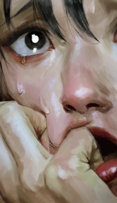 an artistic painting of a woman with tears on her face and hand near her mouth