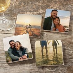 four coasters with pictures of people on them and a glass of wine in the background