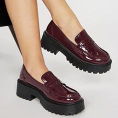 Stand Out From The Rest In These Gorgeous Platform Loafers That Offer True Comfort And Luxury! Burgundy Round Toe Loafers For Fall, Casual Burgundy Loafers For Fall, Casual Burgundy Loafers With Flat Heel, Casual Burgundy Flat Heel Loafers, Burgundy Casual Flat Loafers, Casual Burgundy Flat Loafers, Platform Block Heels, Platform Loafers, Purple Black