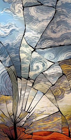 a stained glass window with the sky and clouds in it's center, as well as an abstract painting