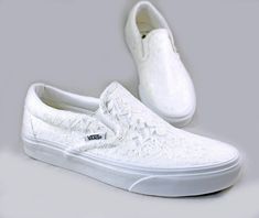 "Ivory Lace Bridal Vans Slip On --Lace Vans -- Wedding Tennis shoes - Wedding Vans For the girl who wears her Vans to every occasion.... why shouldn't you wear them to your wedding? Skip down the aisle in comfort in these beautiful ivory lace Vans! Pictured with the Slip On Vans in True White with ivory lace. Also available in white or champagne lace upon request. Available in all colors and styles that Vans currently offer. FOR INTERNATIONAL ORDERS (VERY IMPORTANT) : Please follow tracking on y Bridal Vans, Vans Wedding, Lace Vans, Wedding Tennis Shoes, Converse Store, Wedding Vans, Bridal Converse, Wedding Converse, Satin Shoes