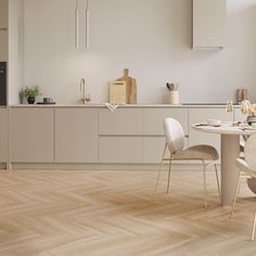 the kitchen is clean and ready to be used for dinner or lunchtime, with no one in it