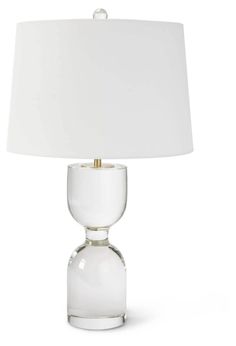 a clear glass table lamp with a white shade