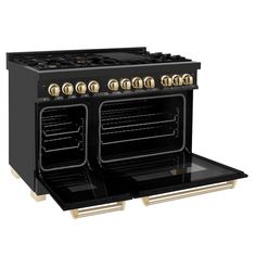 two black ovens side by side with gold knobs on the top and bottom