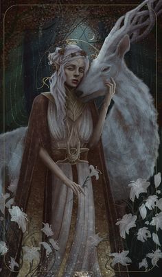 a painting of a woman with white hair and a wolf on her shoulder, standing in front of flowers