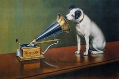 a painting of a dog on a table with a record player and an old phonograph