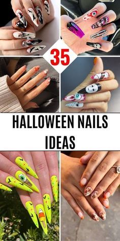 Halloween Nail Art Designs, Fun Halloween Nails, Olive Nails, Monster Nails, Halloween Nail Ideas, Halloween Manicure, Skull Nails, Halloween Nails Easy, Witchy Nails