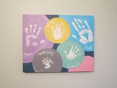 a painting on the wall with handprints and words in different colors that spell out their names