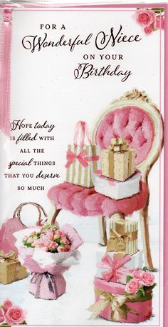 a birthday card with pink flowers and gifts