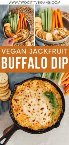 vegan jackfruit buffalo dip in a cast iron skillet with carrots, celery and crackers