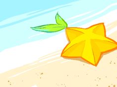 an orange star laying on top of a sandy beach next to the ocean with a green leaf sticking out of it