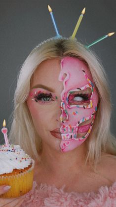 Birthday Look Makeup, Candy Makeup Artist, Ice Cream Clown Makeup, Birthday Cake Makeup Look, Melted Ice Cream Makeup, Candy Queen Makeup, Halloween Candy Makeup, Donut Face Paint, Candy Halloween Makeup