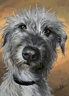 an oil painting of a dog's face with brown eyes and gray fur on it