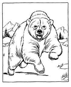 a black and white drawing of a bear running in the grass with mountains in the background