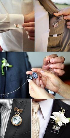 four different pictures of men's ties and boutonnieres