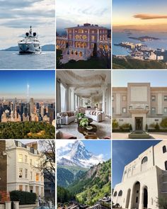 many different pictures of buildings and mountains in the background, including a boat on the water