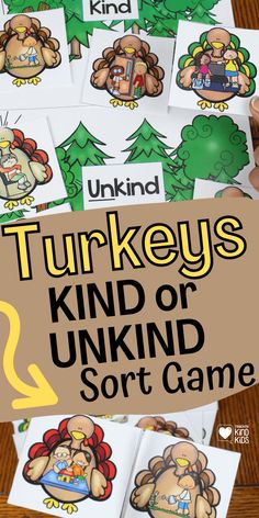 turkeys kind or unkid sort game for kids to practice their spelling skills