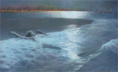 a painting of two people swimming in the ocean next to a shore line at night