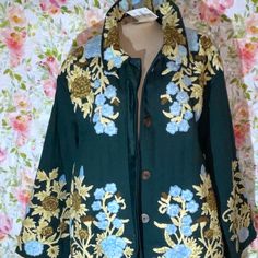 New W/ Tags Is An Authentic Roller Rabbit Coat - New Old Stock - Green Quilted With Tufted Floral Motif - 100% Quilted Cotton W/ Polyester Lining - Side Pockets - Pine Grove Green Color - Button Side Vents - Size M/L; Measures Approx. 26" Flat From Pit To Pit, 18" Sleeves From Underarm, 43.5" Length Embroidered Yellow Outerwear For Spring, Yellow Embroidered Spring Outerwear, Spring Yellow Embroidered Outerwear, Traditional Yellow Spring Outerwear, Traditional Yellow Outerwear For Spring, Pine Grove Green, Chambray Blazer, Roller Rabbit, Quilt Jacket