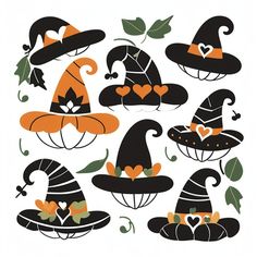 an assortment of witches hats with leaves and hearts on the top one is black and orange