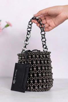 Shop for The Leather Garden Mariam Bead Bucket Bag Online at Aza Fashions Polti Bag, Pearls Embroidery, Black Bucket Bag, Bead Bag, Pearl Embroidery, Leather Card Case, Handbags Online, Beaded Bags, Pearl Grey