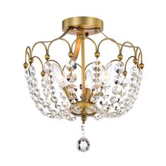 a golden chandelier with crystal drops hanging from the ceiling